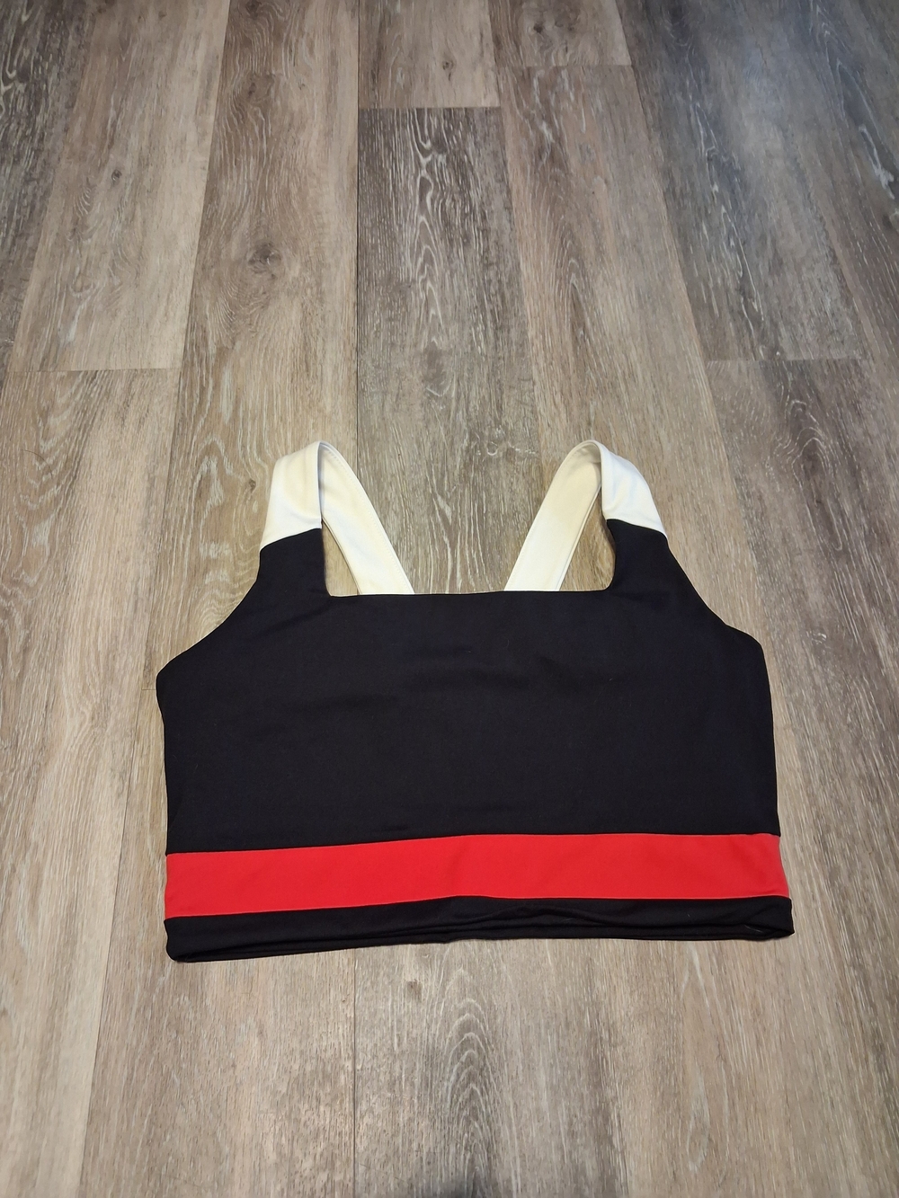 Colorblock Black Sports Bra with Red Band and Cream Straps